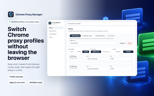 Chrome Proxy Manager :: Route Chrome traffic through HTTP, HTTPS, or SOCKS proxies.