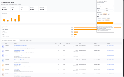 Order Exporter for Amazon :: Export your Amazon order history to CSV, JSON, HTML, and Excel - with prices, transactions, returns, and analytics. All local.