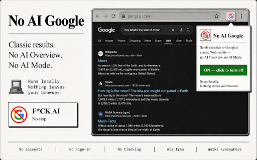 No AI Google :: Hides Google's AI features. Unofficial, not affiliated with Google. Local only.