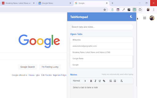 TabNotepad :: A modern tab manager with notes-tab related, search, and rich text editing