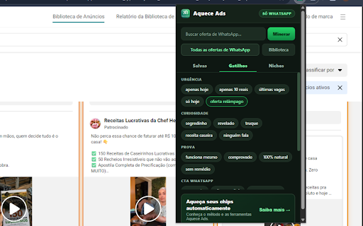 Aquece Ads :: Investigue os anúncios dos concorrentes na Biblioteca da Meta: filtre, baixe criativos e revele o WhatsApp de cada campanha.