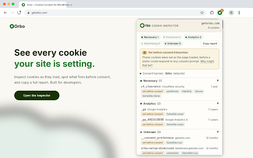 Orbo Cookie Inspector :: See every cookie the site you're visiting sets, categorized, with flags for cookies set before consent. Runs 100% locally.