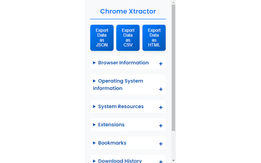 Chrome Xtractor :: Extracts browser information, including version, memory usage, installed plugins, permissions, download history, and more.