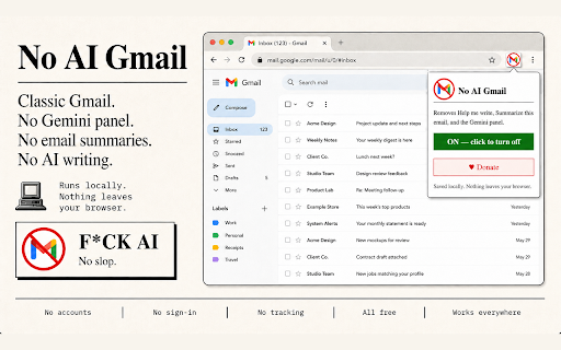 No AI Gmail :: Hides Gmail's AI features. Unofficial, not affiliated with Gmail. Local only.
