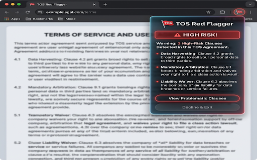 TOS Red-Flagger :: Scans Terms of Service pages for deal-breaker clauses and summarizes them into three simple bullet points.