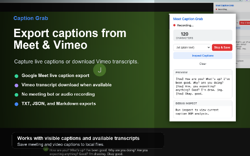 Caption Grab: Google Meet & Vimeo Transcript Exporter :: Export captions from Google Meet and Vimeo. Fully offline, no bots, no cloud.