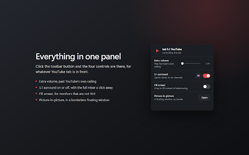 IzzI 5.1 YouTube Enhancements :: Real 5.1 surround for YouTube, plus extra volume, fill-screen crop and one-click picture-in-picture.