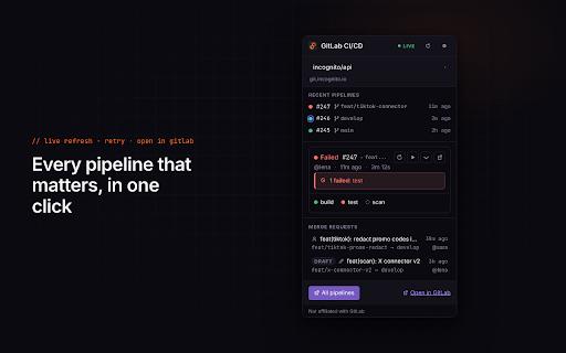GitLab CI/CD for Chrome :: View & manage GitLab pipelines and jobs from your browser — run, cancel, retry, view logs.