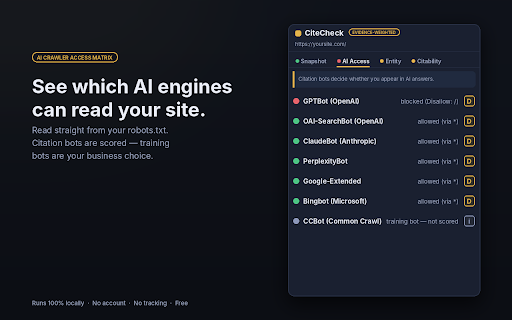 CiteCheck: SEO + AI Search Checker (GEO, AEO) :: Evidence-weighted on-page SEO and AI citability checks. Every check shows its source. Runs 100% locally.