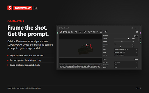 SUPERWEAVY :: SuperNodes and canvas tools for Figma Weave: color grading, masking, routing, a 3D camera prompt and faster editing.