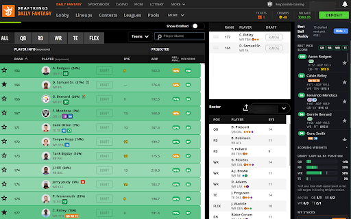 Best Ball Buddy :: Live pick scores, availability, stacks, playoff matchups & portfolio exposure on your DraftKings and Underdog best ball drafts