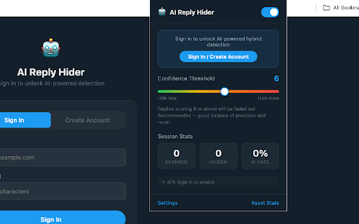 AI Reply Hider :: Detects and hides AI-generated replies on X/Twitter. Scores replies 1-10 with heuristic + AI-powered hybrid detection.