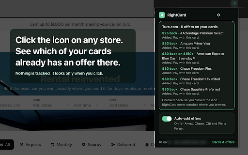 RightCard: Credit Card Offers :: Adds your Amex, Chase, Citi and Wells Fargo card offers automatically while you're on your own bank's offers page. No bank login.