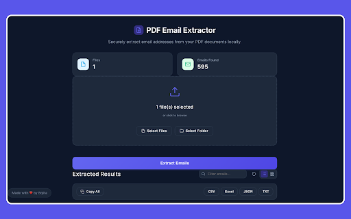PDF Email Extractor :: Securely extract email addresses from multiple PDF files locally. Features batch processing, export to Excel/CSV, and dark mode.