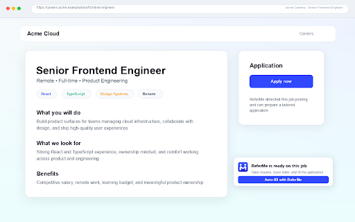 ReferMe Auto-Apply :: Auto-fills job applications on Indeed, Naukri, Foundit, and company career sites using your ReferMe profile.