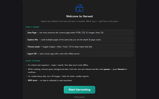 Harvest: Website Downloader & Resource Inspector :: Inspect any site's HTML, CSS, JS, images, fonts & 3D assets, crawl multiple pages, and export a runnable offline copy.