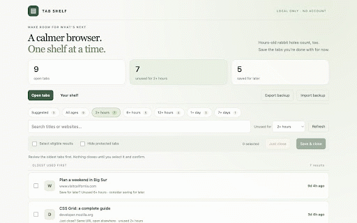 Tab Shelf :: Review stale tabs, save them before closing, and restore them when needed. Local only.