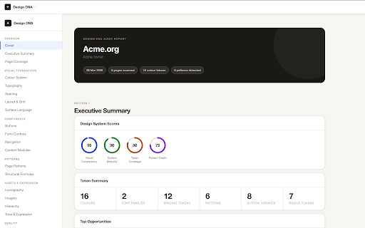 Website Design DNA Auditor :: Extract a website's full design system in one click: colours, typography, spacing, components, patterns, and AI prompts.