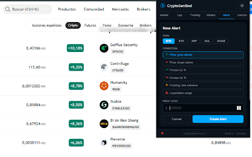 CryptoSentinel :: Crypto alerts & whale tracking hub. Real-time price alerts, on-chain whale movements, Fear & Greed Index — all in one extension.