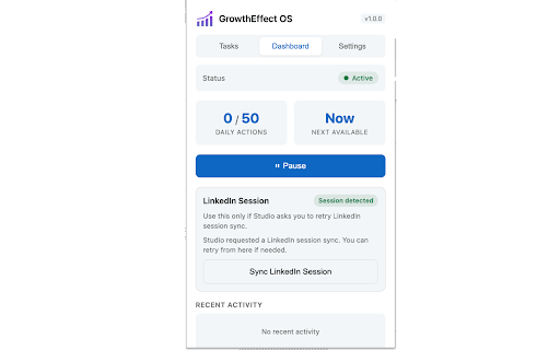 GrowthEffect LinkedIn Companion :: Connects GrowthEffect Studio with LinkedIn for user-authorized session setup and sales tasks.