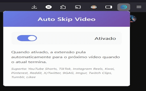 Auto Skip Video - Pular Vídeos Automaticamente :: Pula automaticamente para o próximo vídeo quando o atual termina em Shorts, Reels, TikTok e outras plataformas
