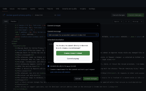 Main Branch Guard for GitHub :: Warns before you commit directly to the default branch using GitHub's web file editor.