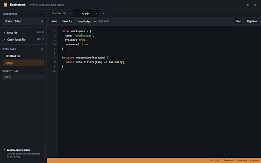 Draftstead – Offline Code Editor :: Edit code and text offline with tabs, syntax highlighting, and crash-safe local workspace recovery.