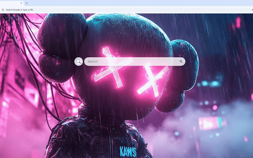KAWS Live Wallpaper :: Iconic KAWS companion character with glowing X eyes in cyberpunk neon cityscape.