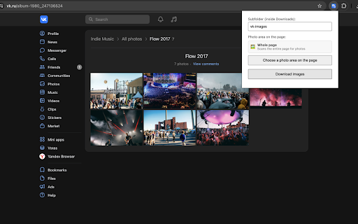 VK Image Downloader :: Downloads full-quality photos from VK (vk.com/vk.ru) pages, with an on-page picker to limit downloads to one photo area.