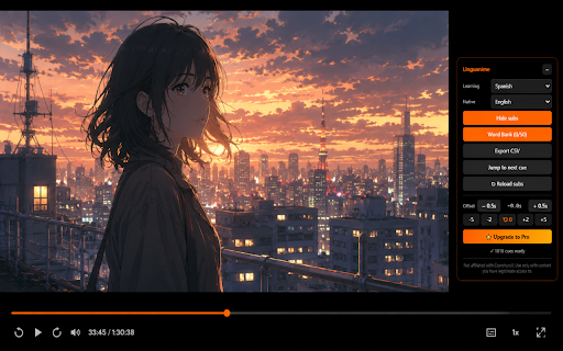 LinguAnime — Language Learning Subtitles :: Dual subtitles, click-to-translate, and vocabulary mining while you watch streaming video. For language learners.