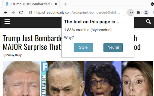 Credibilator :: Analyses pages to assess (and explain) their credibility. Uses AI to learn from previously seen trustworthy or fake news sources.