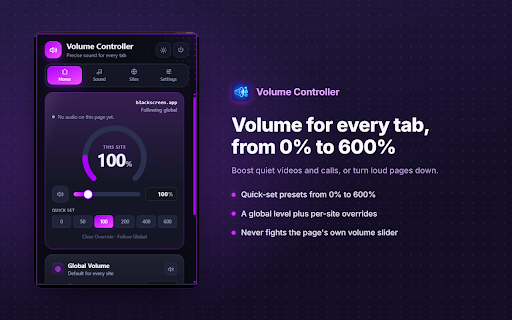 Volume Controller :: Per-site & global volume 0-600%, plus equalizer, normalizer, delay/reverb, auto-pan, mono, balance & mute. Never fights sliders.