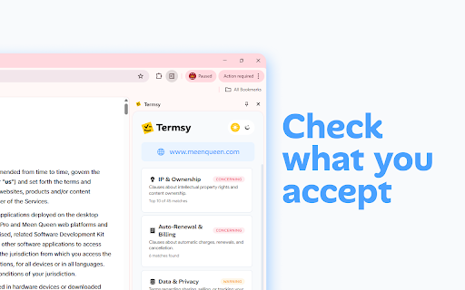 Termsy :: Automatically scans Terms of Service and Privacy Policy pages, highlights critical clauses, and presents them in a clean sidebar.