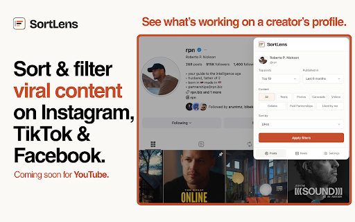 SortLens: Sort Instagram & TikTok | Content & Competitor Research :: Sort Instagram, TikTok and Facebook Reels. Analyze viral content, download media, and export content & competitor research data.
