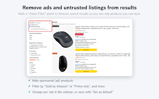 Amazon Clean Filter :: Removes ads and untrusted listings from Amazon search results to show only products you can trust.