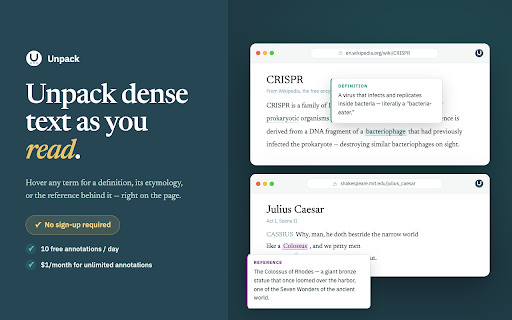 Unpack :: Inline definitions, etymology, and references on any webpage. Understand dense text in context — no sign-up required.