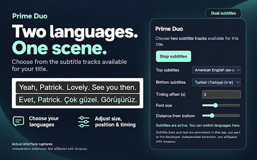 Prime Duo - Dual Subtitles :: Display two subtitle tracks available on Prime Video. Choose languages and adjust font size, position and timing.