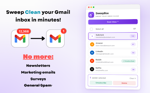 Gmail Cleaner & Mass Unsubscribe Tool - SweepBox :: Clean Gmail inbox in minutes. Mass unsubscribe newsletters, bulk delete spam & promo emails. Fast Gmail cleaner, privacy-first.