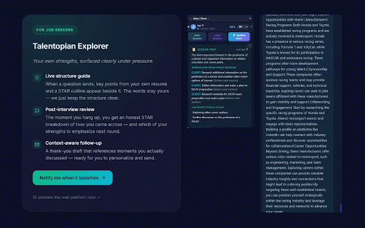 Talentopian Explorer — Interview & Career Companion :: Live AI companion for video interviews. Real-time answer structure from your resume, plus STAR debrief and thank-you note after.