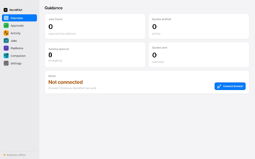 WorkPilot Driver :: WorkPilot's browser helper: reads new contractor leads on the sites you're logged into and opens the bid for you, on your command.