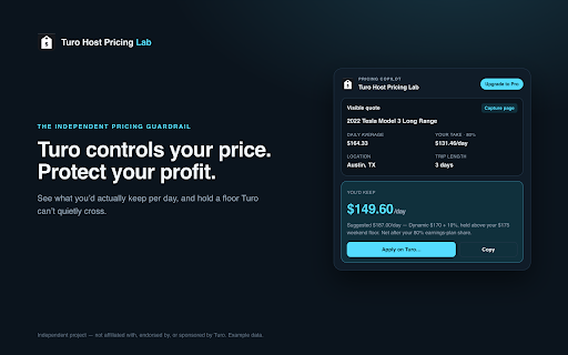 Pricing Lab – Price Floors & Net Earnings for Turo Hosts :: Turo pricing guardrail: flag days below your floor, see your true net per day, and reprice a whole week in one approved click.