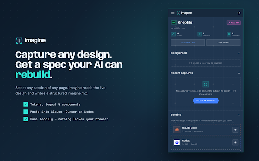 Imagine :: Pick any element on a page and generate a structured imagine.md spec for any AI to rebuild it.