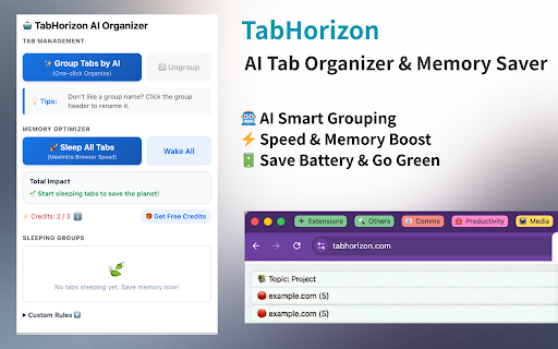 TabHorizon - AI Tab Organizer & Memory Saver :: Organize tabs with AI and sleep inactive pages to boost browser speed, extend battery life and reduce carbon footprint.