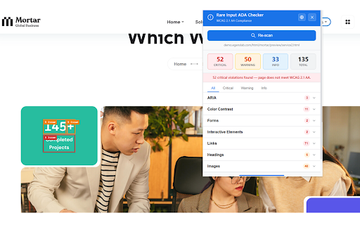 ADA Compliance Checker :: Scan any webpage for ADA and WCAG 2.1 AA accessibility violations with severity levels, visual highlights, and detailed insights.