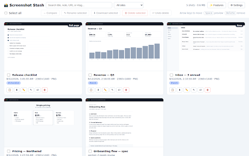Screenshot Stash — Multi Screenshot & Full Page Capture :: Take multiple screenshots into a private local library: full page, visible tab or region. Annotate, copy, download or bulk-delete.