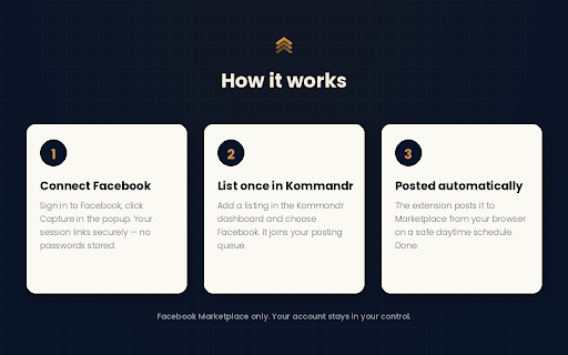 Kommandr OS :: Posts your listings and removes sold items on Facebook Marketplace from your Chrome.