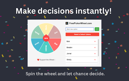 Free Picker Wheel :: A colorful decision-making wheel you can customize on the fly. Just spin and let the picker decide for you.