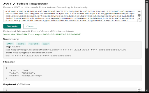 JWT / Token Inspector :: Paste a JWT or Microsoft Entra token to decode header, claims, and expiry locally. No data leaves your browser.