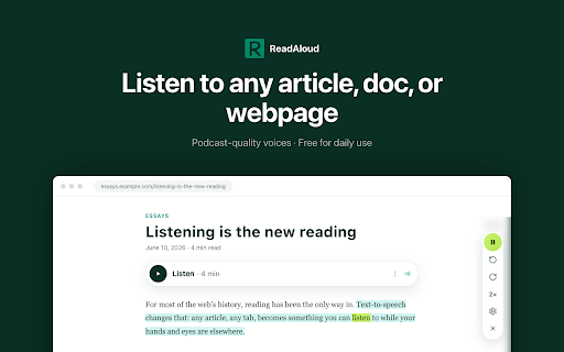 ReadAloud :: Listen to the main article on any page — play, pause, speed, and jump by tapping a word.