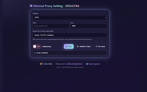 Proxy Manager & User Agent Switcher - SEOULTRA :: Proxy toggle & User-Agent switcher. HTTP/HTTPS/SOCKS4/SOCKS5, 17+ bot presets & custom UA.